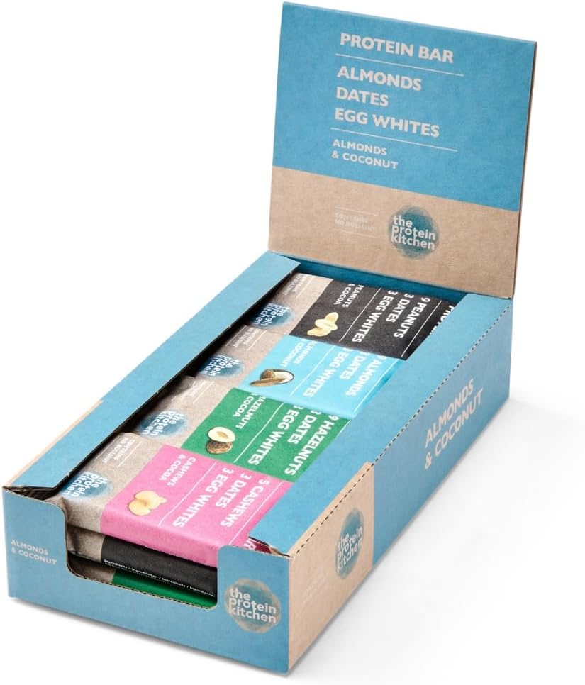 The Protein Kitchen 100% Natural Protein Bars - Variety Pack of 12 (12 x 55g) - Contains No Artificial Colours or Sweeteners - with Dates, Egg Whites, and Cocoa
