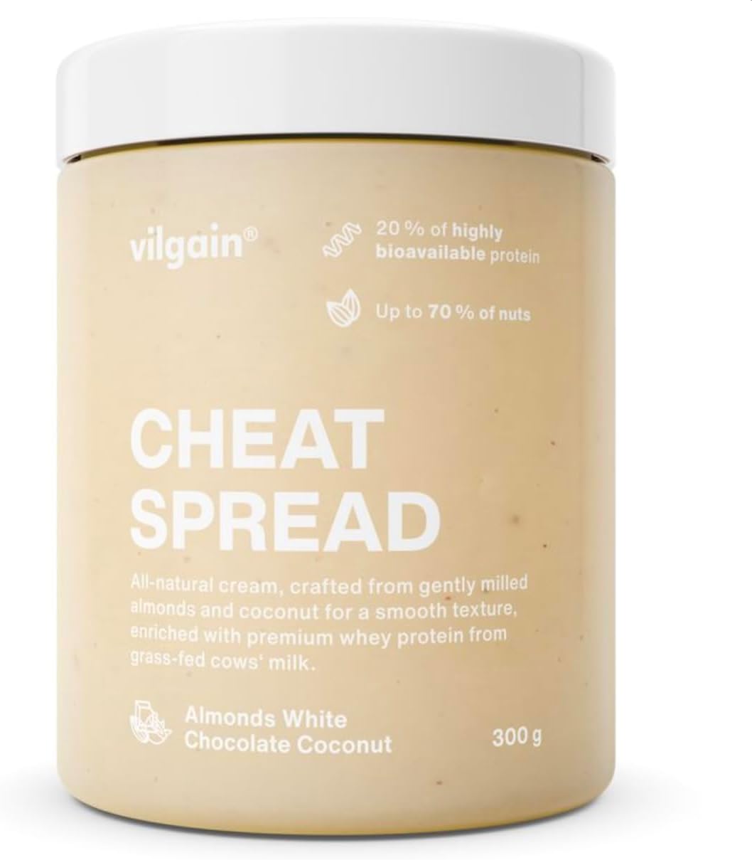 Vilgain Cheat Spread 300 g - 100% natural, high protein, creamy, palm oil free, gluten free, desserts & fitness lifestyle (300g, Almonds with white chocolate and coconut)