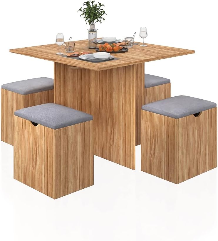 Mondeer Dining Table Set, Table and 4 Stools with Soft Cushion Wooden Space Saving for Dining Room Kitchen, L80 x W80 x H75 cm, Red Oak and Grey