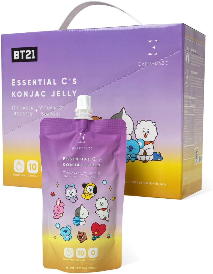 EVERYDAZE BT21 Essential C’s Konjac Jelly | Korean Pear | Vegan Collagen Peptides and Vitamin C | Gluten Free, Sugar Free, Low Calorie | Healthy Drinkable Fruit Snack | 10 Pack Box Food Drink Pouch