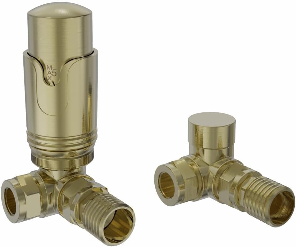 Warmehaus Designer Modern Corner Thermostatic Radiator Valve Pack for Towel Rails Brushed Brass TRV Set