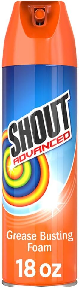 Shout Advanced Grease Busting Foam, Laundry Stain Remover, Oil and Grease Stain Remover for Clothes Laundry; Works on motor oil, bike grease, cooking oil, and more! 18oz Can