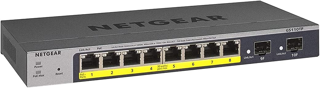NETGEAR 10-Port PoE Gigabit Ethernet Smart Switch (GS110TP) - Managed, with 8 x PoE+ @ 55W, 2 x 1G SFP, Optional Insight Cloud Management, Desktop or Wall Mount, and Limited Lifetime Protection