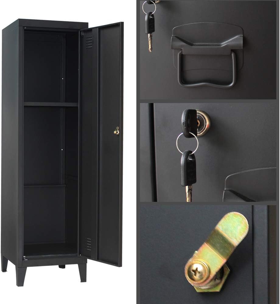 Panana Lockable Storage Cabinet,3 Shelves Metal Locker Home Office Filling Organizer Gym Room Locker Keeper with Lock and Key (Black)
