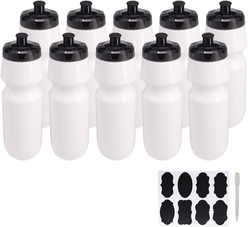 10 Pack 27 oz Sports Water Bottles Sports and Fitness Squeeze Water Bottles BPA Free come with 16 pcs Chalk Labels, 1 Pen(Dishwisher Safe)