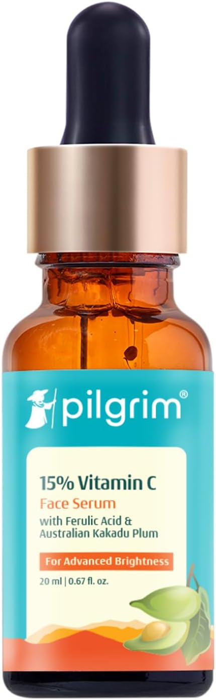 Pilgrim 15% Vitamin C Serum 20ml For Glowing Skin | Advanced Formulation With Ferulic Acid & Vitamin E |Reduces Dark Spots, Pigmentation |For All, Oily, Combination, Normal Skin |Men, Women