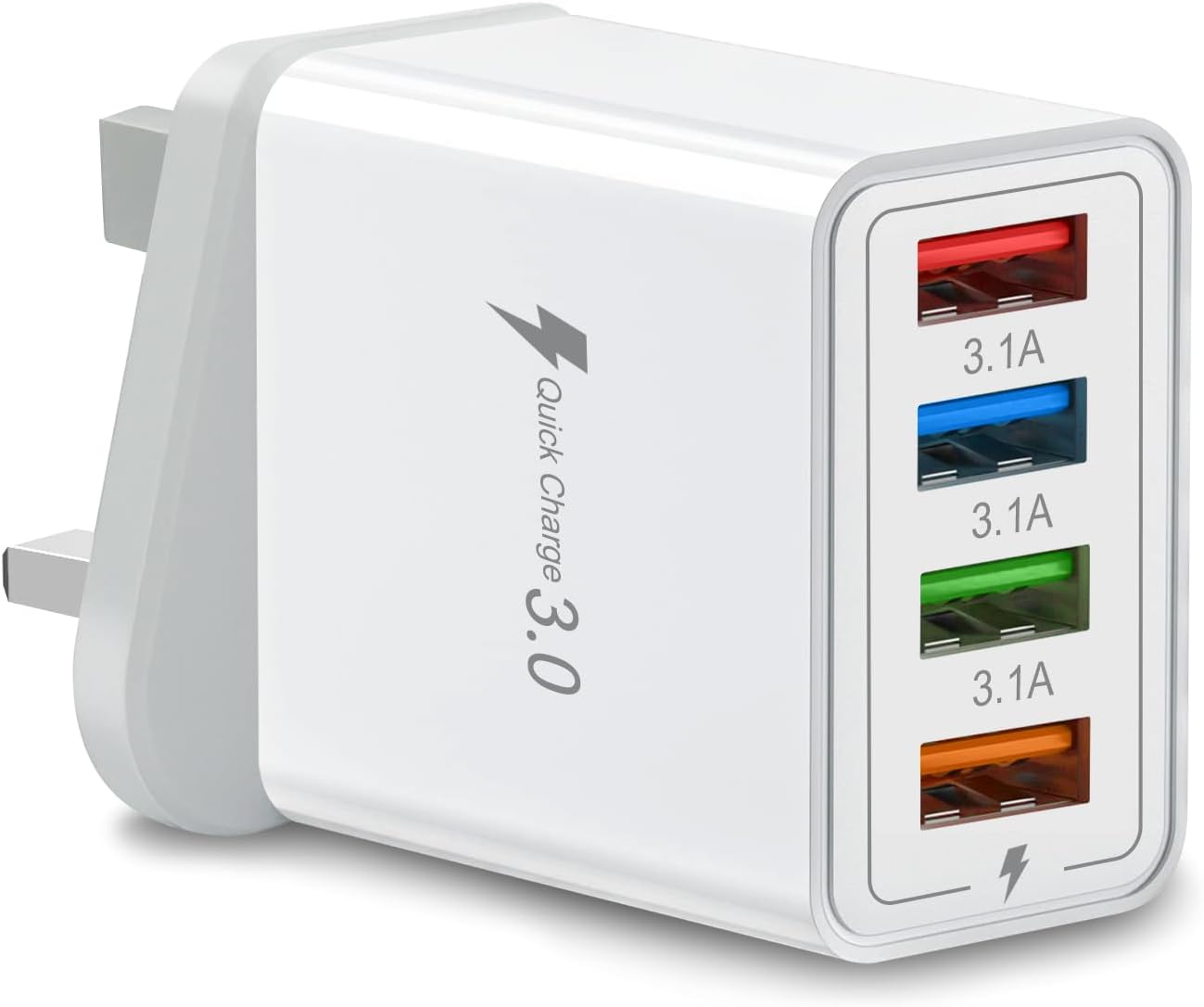 Multi USB Plug Charger UK, 4-Port USB Wall Charger Plug, QC 3.0 3.1A Fast Charging Power Adapter with Smart Device-Adaptive Quick Charging Technology for All Smartphone (White)