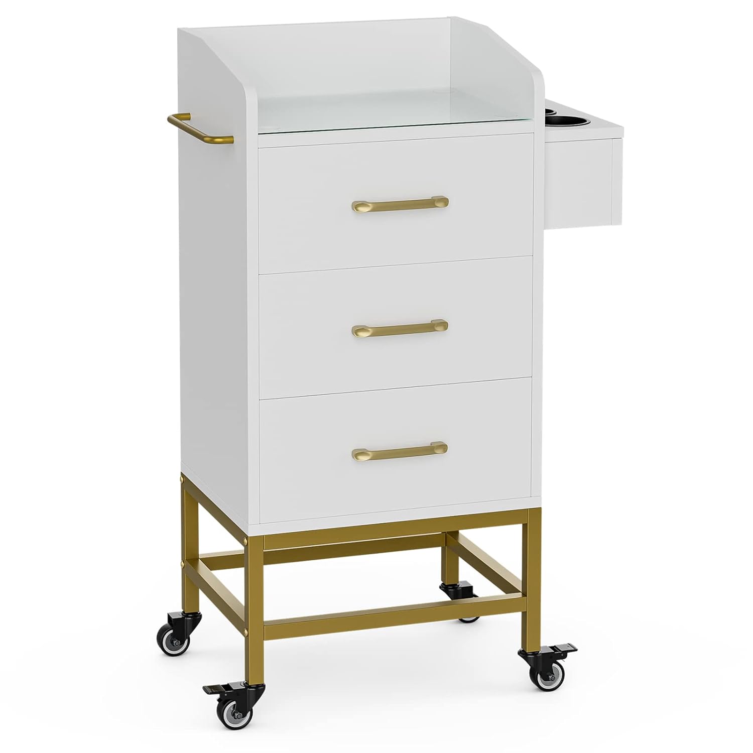 Paddie Beauty Salon Storage Trolley Cart, Glass Top Hair Salon Stations Cabinet for Stylist with Dryer Holder Stylist Equipment with Lockable Rolling Wheels, Drawer Barber Salon Furniture (White)