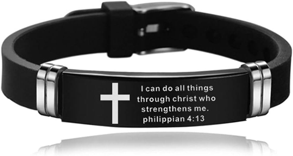 KunBead Jewelry Mens Cross Religious Christian Silicone Engraved Bracelet Wristbands with Scripture Quote Bible Verse Inspiring Gift for Women