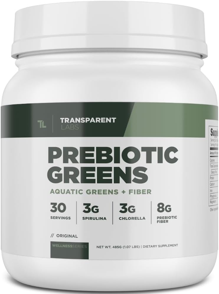 Transparent Labs Prebiotic Greens - Superfood Powder & Antioxidants Supplement with Organic Spirulina, Chloerra, Acacia, & Green Banana Powder - 30 Servings, Unflavored
