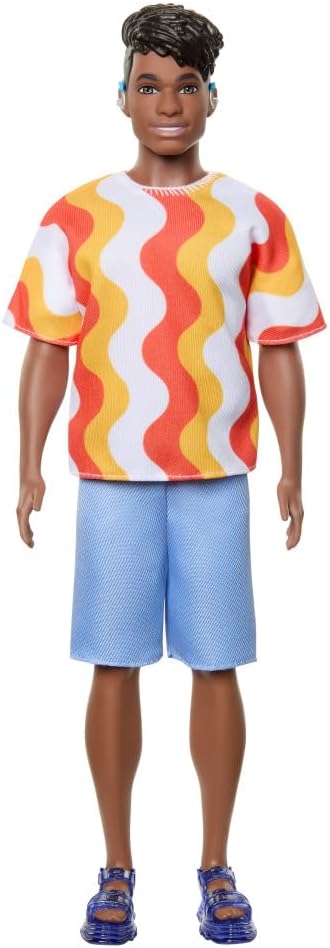 Barbie Fashionistas Ken Doll Age 3+ #220 with Behind-the-Ear Hearing Aids & Broad Body Wearing a Removable Orange Patterned Shirt, Shorts & Jelly Sandals, HRH23