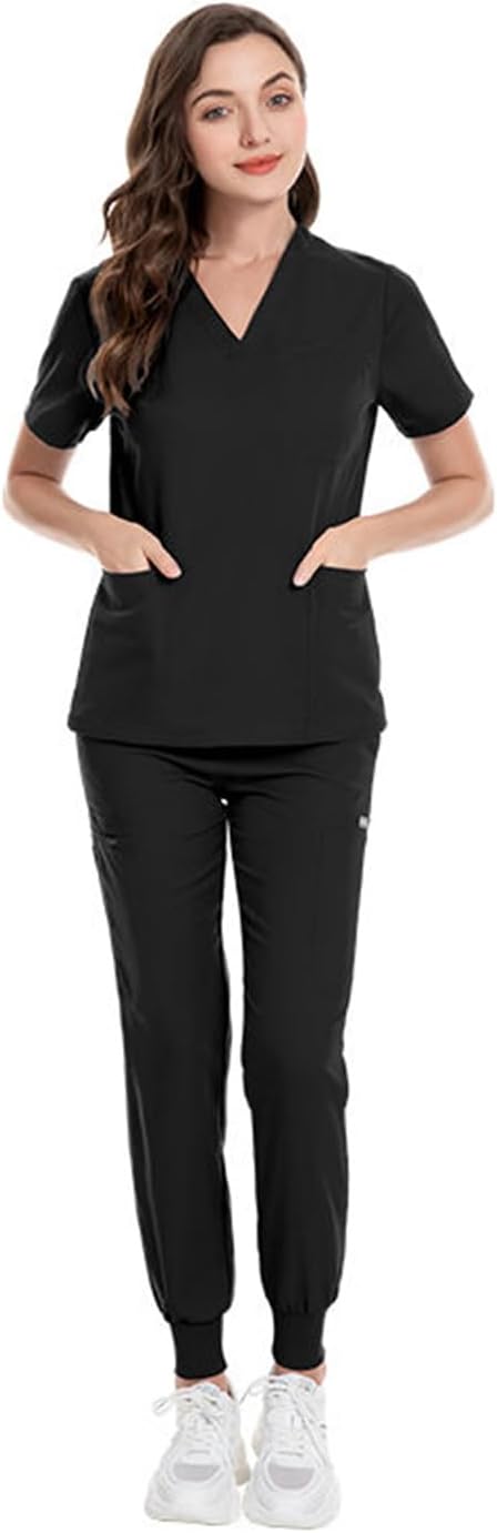MEDSKIN Performance Scrubs Set for Women - Stretch V-Neck Scrub Top & Jogger Trouser Pants with 8 Pockets