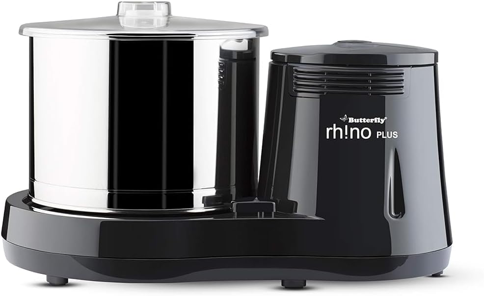 Butterfly Rhino Plus 2 Litres Table-Top Wet Grinder | 150 Watts | Shockproof ABS Body | Coconut Scrapper Attachment | Dough Kneader | Stainless Steel Drum | 2 Years Manufacturer's Warranty | Grey