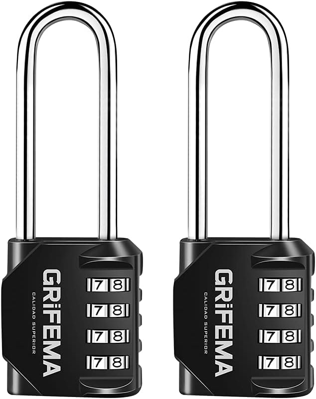 GRIFEMA GA1002 4 Digit Combination Padlock, Long Shackle Padlocks Outdoor Heavy Duty Waterproof Weatherproof for Gym Locker, School, Fence, Garage, Shed, 2 Pack, Black