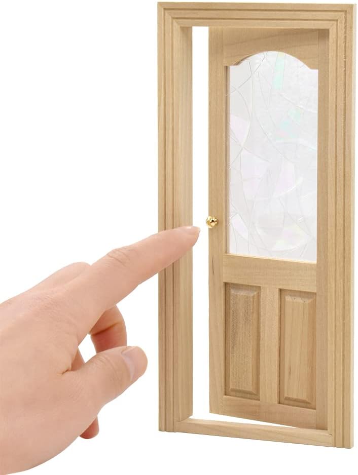 iLAND Dollhouse Door on 1:12 Scale, Miniature Door w/ 3D Windowpanes Reflecting Rainbow Light & Handles
