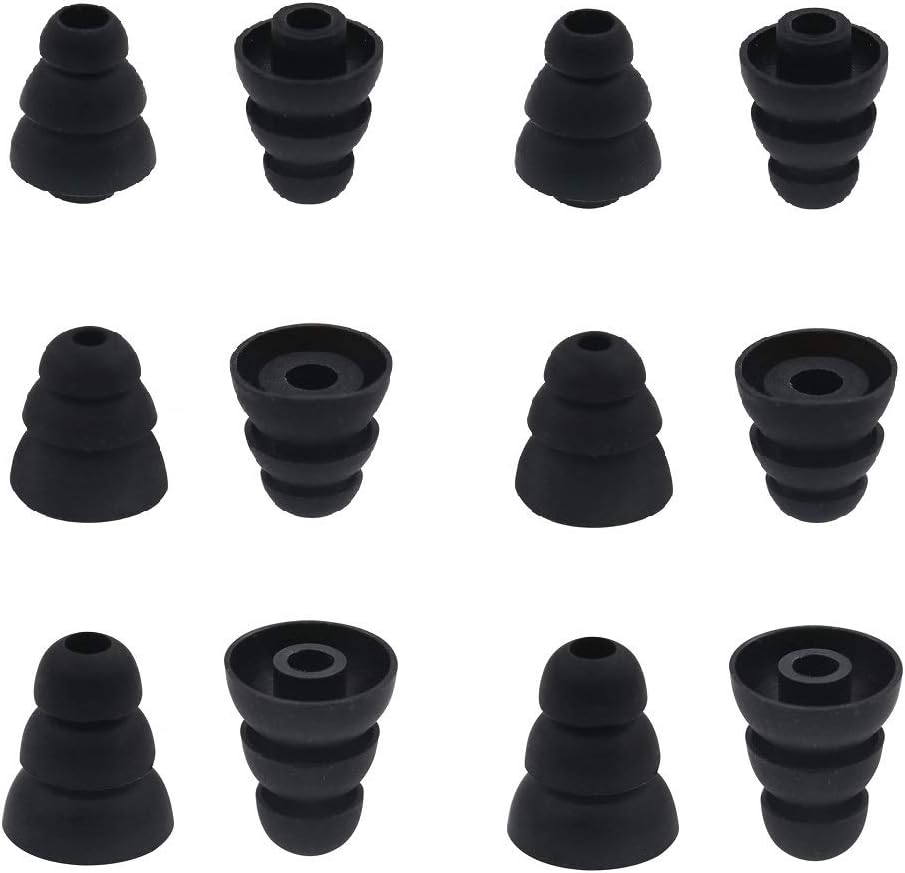 BLLQ 6 Pairs Replacement Triple Flange Conical Ear Tips Earbuds Eartips Silicone Buds for Most in Ear Headphones (Sony Senso Powerbeats Jaybird etc.) Black [S/M/L 3 Size] (3flange Tips 3)