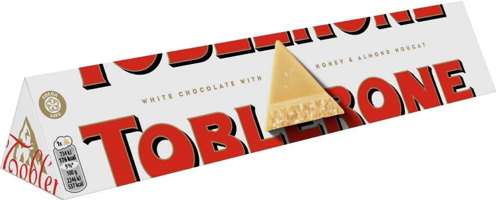 Toblerone Swiss White Chocolate Bar - 360g Bar | 11 Iconic Triangle Portions, 32.7g Each | Creamy White Chocolate with Honey & Almond Nougat - Delicious Gift Hamper, Christmas, Birthday, Easter Gift