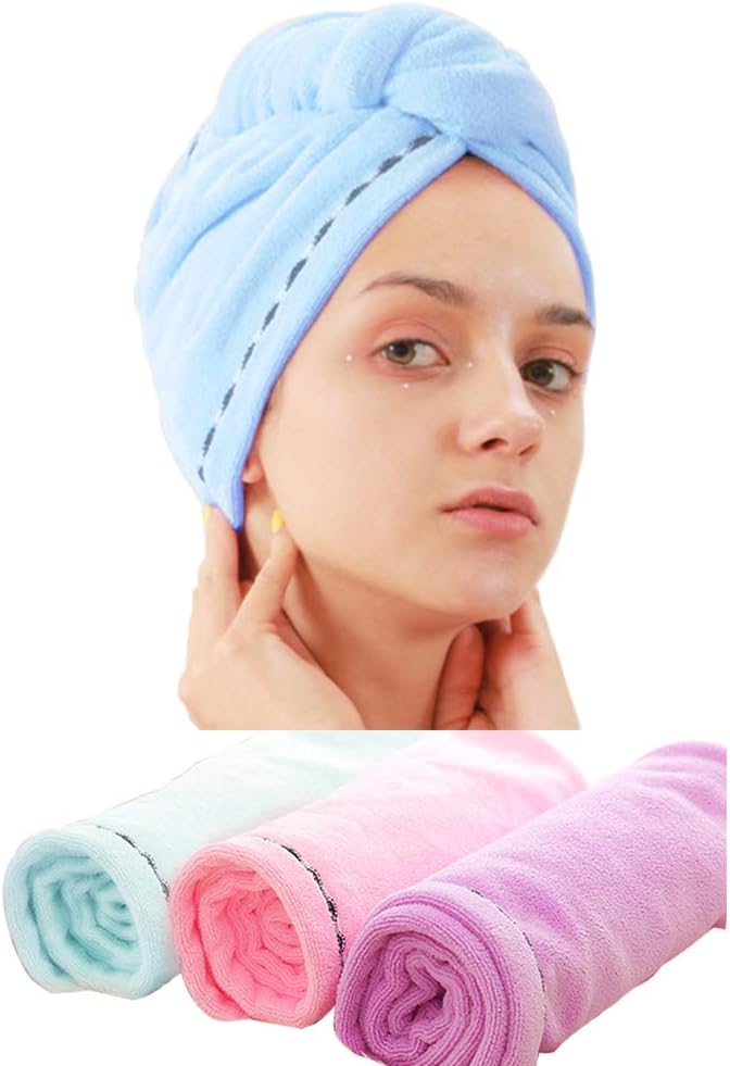 3 Pack Microfiber Hair Towel Wrap Super Absorbent Bath Loop Fasten Salon Twist Turban Dry Hair Caps/ Hat with Buttons Pink Blue Purple