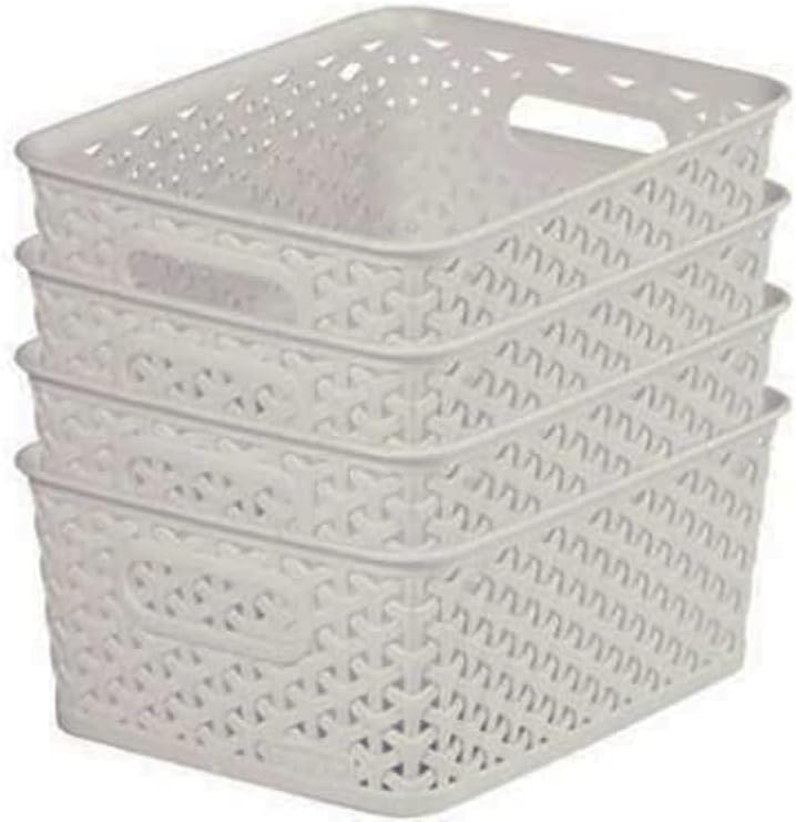 Curver My Style Rattan Effect Set of 4 Kitchen, Living room, Bathroom, Bedroom, Utility Small Rectangular Storage Baskets 4 Litres - Light Grey