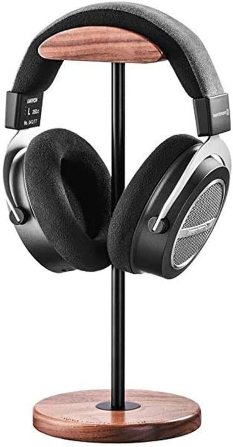 YANGMEI Headphone Stand, Desktop Headset Holder - Headset Holder Made of Walnut Wood & Aluminium, Nature Walnut Gaming Headset Holder with Solid Heavy Base for All Headphone Sizes(Walnut Wood Base)