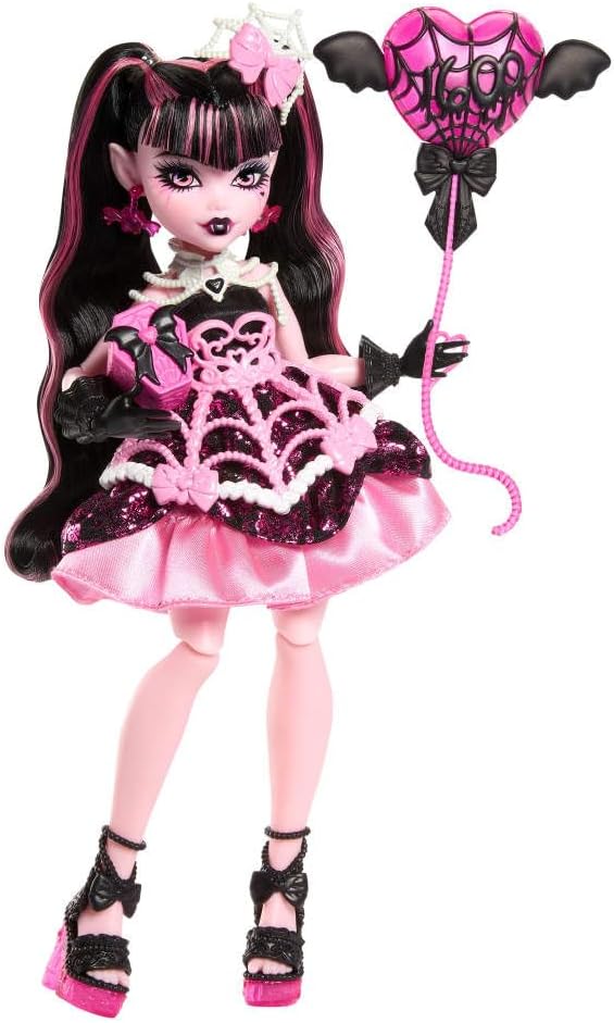 Monster High Scary Sweet Birthday Doll, Draculaura in Pink Party Dress with Themed Accessories Like Invite, Balloon, Gift, Fan and More