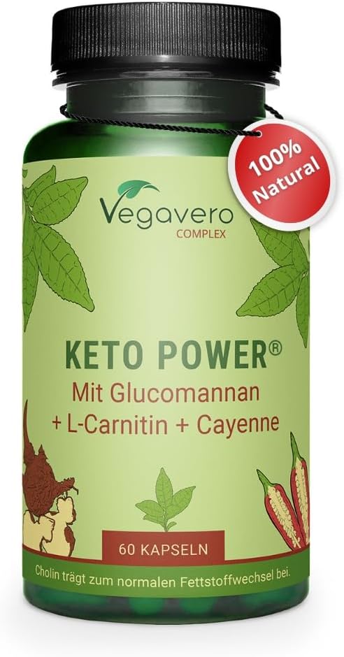 Vegavero Keto Diet Supplement | with Glucomannan, Apple Cider Vinegar, Cayenne Pepper, Chromium Picolinate & Choline Bitartrate | 60 Keto-Capsules | NO Additives | Vegan