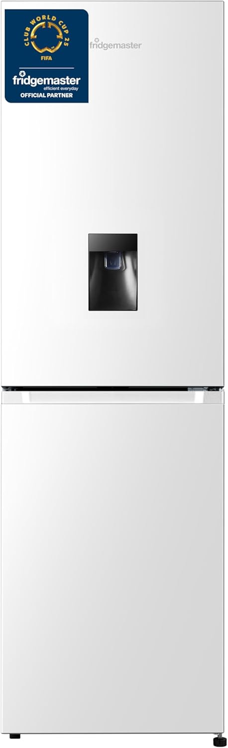 Fridgemaster MC55251DE 55cm Freestanding 256 litre 50/50 Fridge Freezer with Non-plumbed Water Dispenser - Frost Free - LED Lighting- 4 Star Freezer Rating -White - E Rated, H182.4 x W55 x D55.7 (cm)