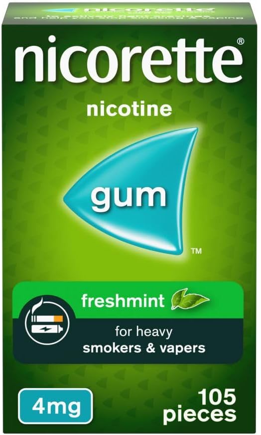 Nicorette Freshmint 4mg Gum (105 Pieces), Discreet Stop Smoking and Stop Vaping Aid to Help you Quit For Good, Tackle Cravings and Withdrawal Symptoms, Freshmint Nicotine Gum (Quit Smoking or Vaping)