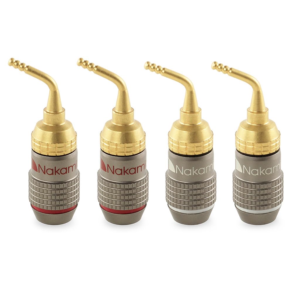 Nakamichi FanLock Excel Series 24k Gold Plated 2mm Pin Plug Banana 10 AWG - 18 AWG Gauge Size 4mm for Spring Clip Speakers Amplifier Hi-Fi Home Theatre Wire Cable Quick Connector, 4 Pcs (2-Pairs)