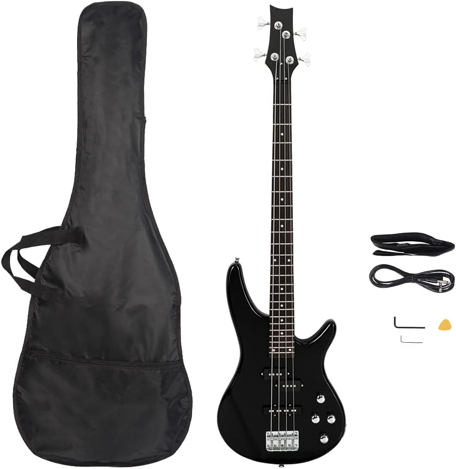 Bonnlo Electric Bass Guitar 4-String for Beginner Right Hand with Shoulder Strap, Wrench Tool, Power Line and Bag (Black)