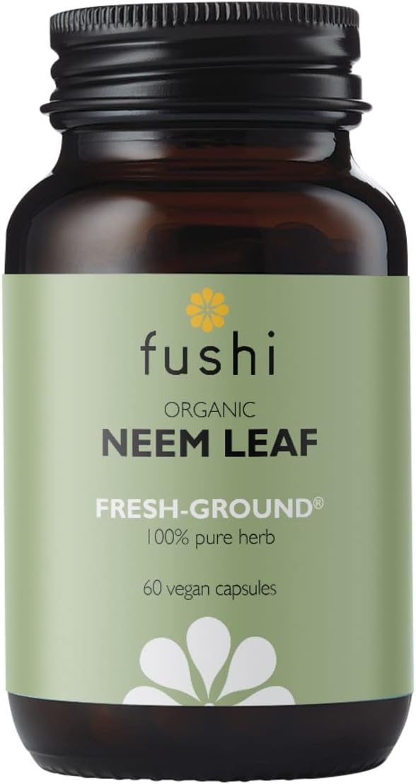 Fushi Organic Neem Leaf Capsules, 60 Caps | Fresh-Ground Whole Food | Detoxifying properties | Cleansing Herb, Purify Both Inside & Outside Body | Ethical & Vegan | Made in the UK