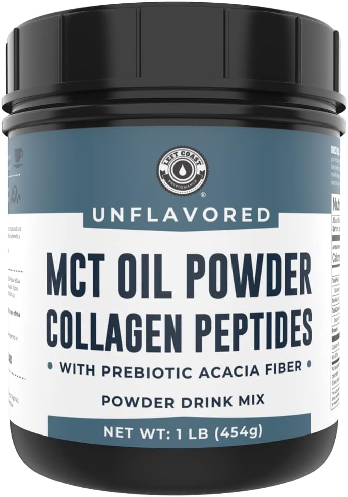 MCT Oil Powder + Keto Collagen Peptides + Acacia Fibre 16oz (Unflavored). 10g MCT, 5g Collagen. MCT Collagen for Coffee Creamer, Shakes, Smoothies, Ketogenic Low Carb Protein Powder
