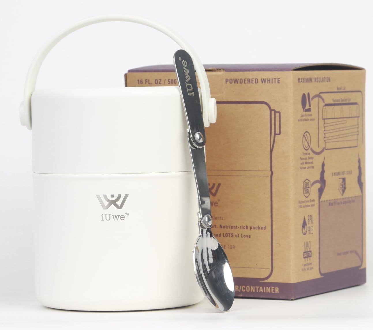 iUwe 500ml Food Flask for Hot Food Kids. 316L Stainless Steel Insulated Food Jar with Spoon. Soup Thermal Lunch Box for Hot Food Container School Work (Powered White)