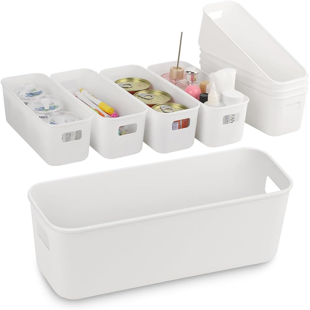 imatenn 8 pack Narrow Storage Box, Plastic Storage Baskets for Shelves, Slim Kitchen Cupboard Organiser Storage Boxes for Bathroom Cabinet, Drawers, Desktop Organisation, 10 cm Wide Rectangle,White