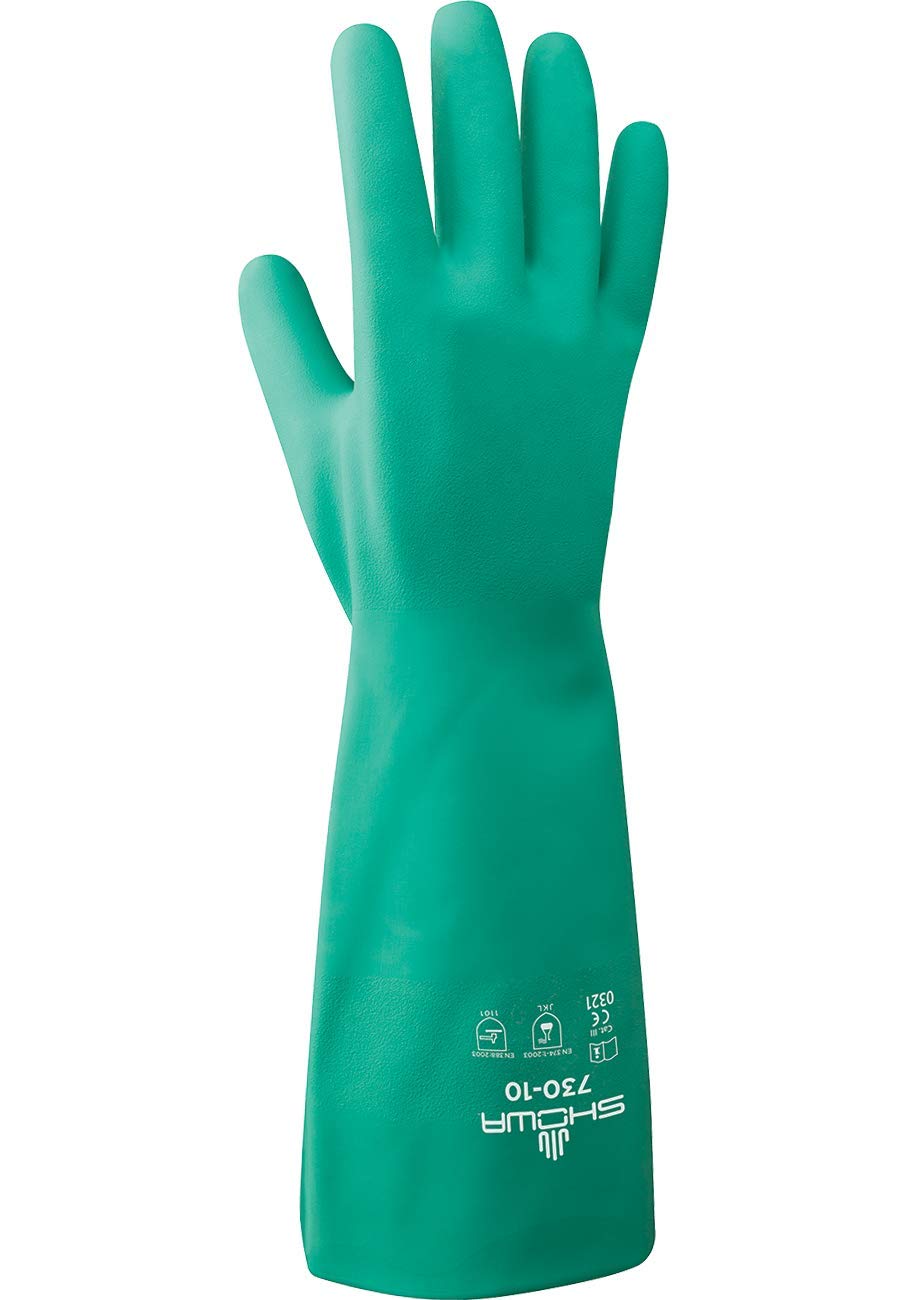 SHOWA 730 Nitrile Chemical Resistant Safety Glove with Cotton Flocked Liner, Food Safe, 15 Mil Thick, 13" Length, Large (12 Pair)