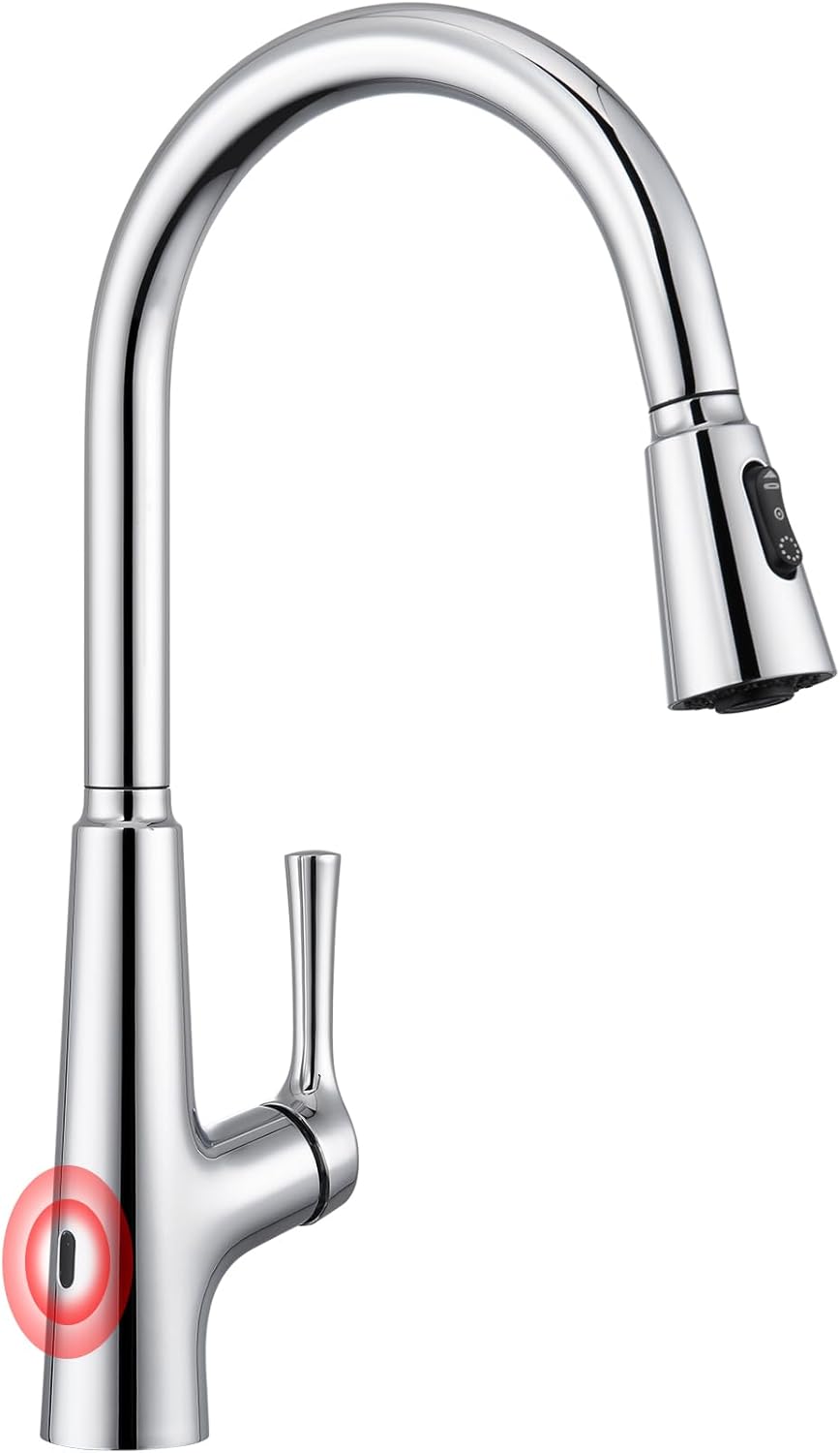 CREA Sensor Touchless Kitchen Tap, Kitchen Sink Tap with Pull Out Sprayer, Kitchen Mixer Tap Automatic Sensor, Pull Out Kitchen Tap with 3 Function, 360° Swivel Tap for Kitchen Sink, Chrome