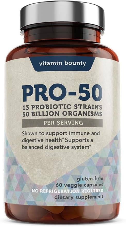 Vitamin Bounty Pro-50 Probiotics for Women Digestive Health | 50 Billion CFU & 13 Strains | SBO Synbiotic Formula Delayed Release Capsule+Prebiotic Greens for Immune Support – for Women & Men | 60cap