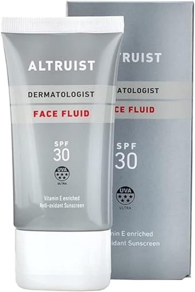 Altruist Dermatologist Sunscreen Fluid SPF30 – Superior 5star UVA protection by Dr Andrew Birnie premium antioxidant face protection, White, Unscented, 50 millilitre