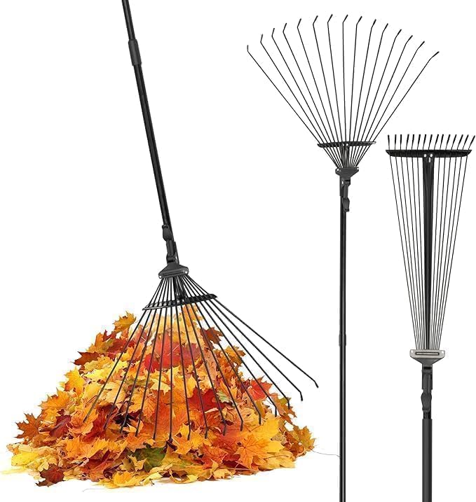 Pelle & Sol Garden Rake - 38-63 Inch Adjustable Lawn Rake for Gardening, Grass w/ 25 Tines for Yard Clean Up - Garden Rakes for Leaves, Lawn Leveller, Yard Clean Up Tool - Black