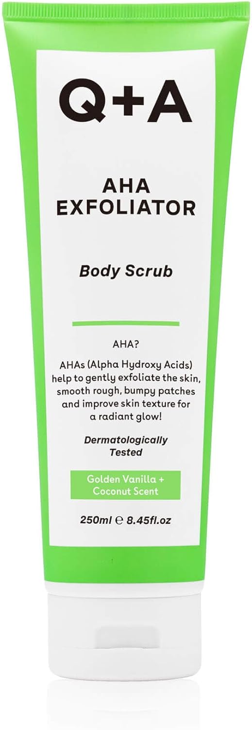 Q+A AHA Exfoliator Body Scrub (250ml), Exfoliating Body Scrub with AHA and Lactic & Glycolic Acid, Smooths Rough Dry Skin, Brightens & Hydrates, Vanilla & Coconut Scent