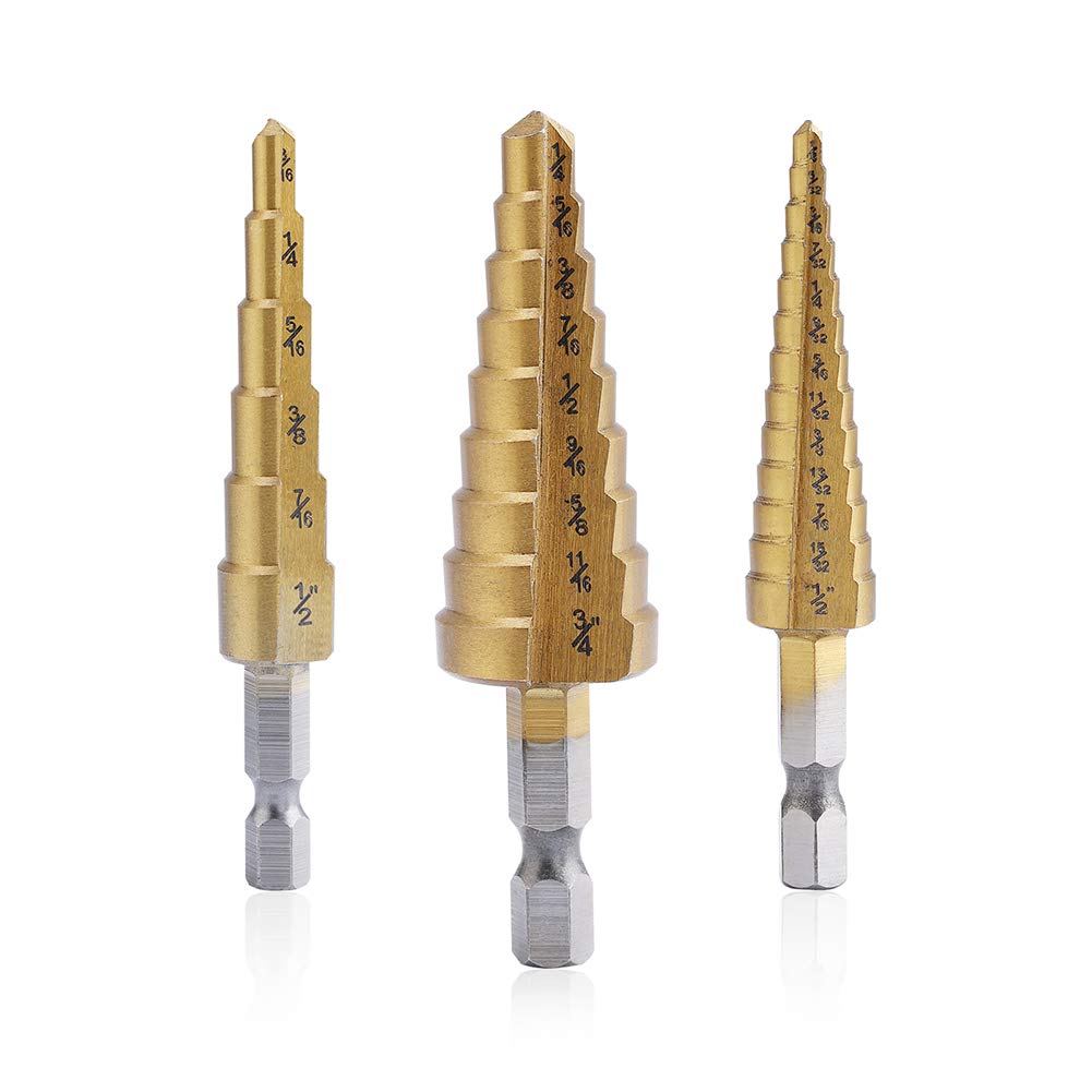 Aleric Step Drill Bit Set - Titanium Coated, High Speed Steel Drill Cone Bits for Sheet Metal Hole Drilling Cutting, Multi Size Hole Stepped Up Unibit for DIY Lovers,3pcs