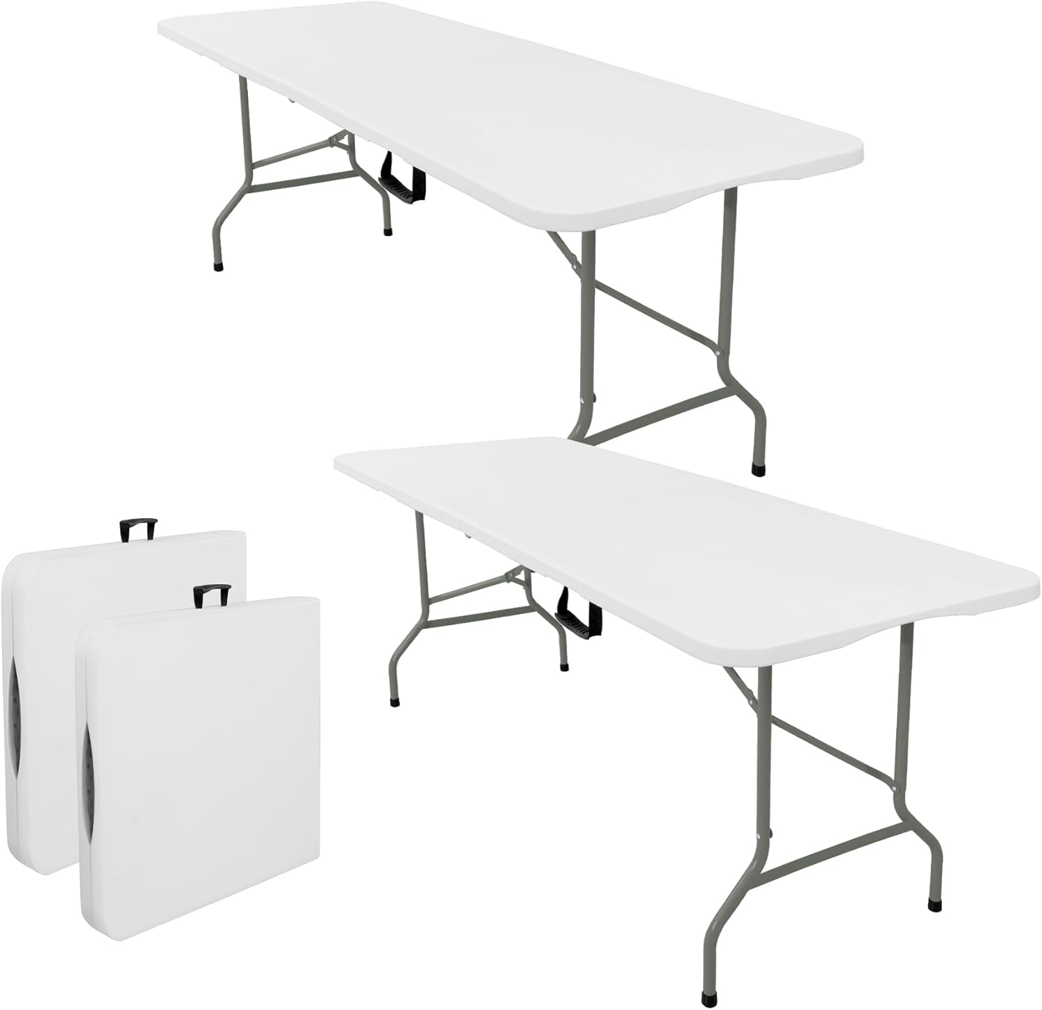 Set of 2 Folding Tables with Carrying Handle Lightweight Rectangular Portable Plastic Camping Table Steel Legs for Party, Dining, Wedding, Events, Picnic Indoor, Outdoor (6FT, White)