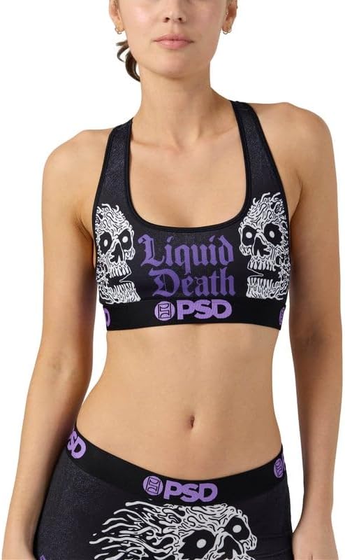 PSD Women's Liquid Death Sports Bra - Racerback Sports Bras for Women with Breathable Microfiber Fabric