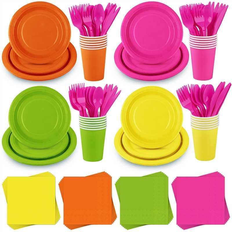 durony 192 Pcs Neon Party Supplies Paper Plates Cups Napkins Hard Plastic Cutlery Forks Knives Spoons Disposable Glow Party Tableware for Fiesta Neon Birthday Party Favor Decorations Serves 24 Guests