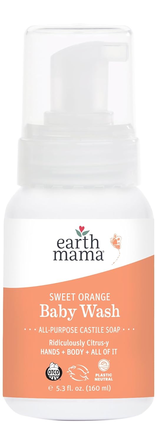 Earth Mama Sweet Orange Baby Liquid Wash Foaming Hand Soap, Organic All Purpose Body Wash for Sensitive Skin, Castile Soap with Coconut Oil, Shea Butter, Calendula, & Aloe, 5.3 fl oz