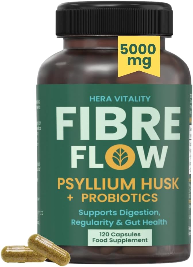 Psyllium Husk Fibre Flow Supplement with Probiotics | 120 Vegan Capsules | Daily Gut, Digestive & Heart Health Support | Natural Stool Fibre Boost HERA Vitality