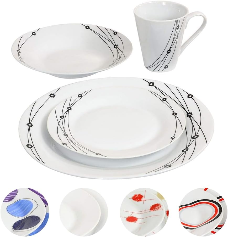 16PC Dinner Set Bowl Plate Mug Soup Side Porcelain Cup Gift Kitchen Service New (Black Patterns)