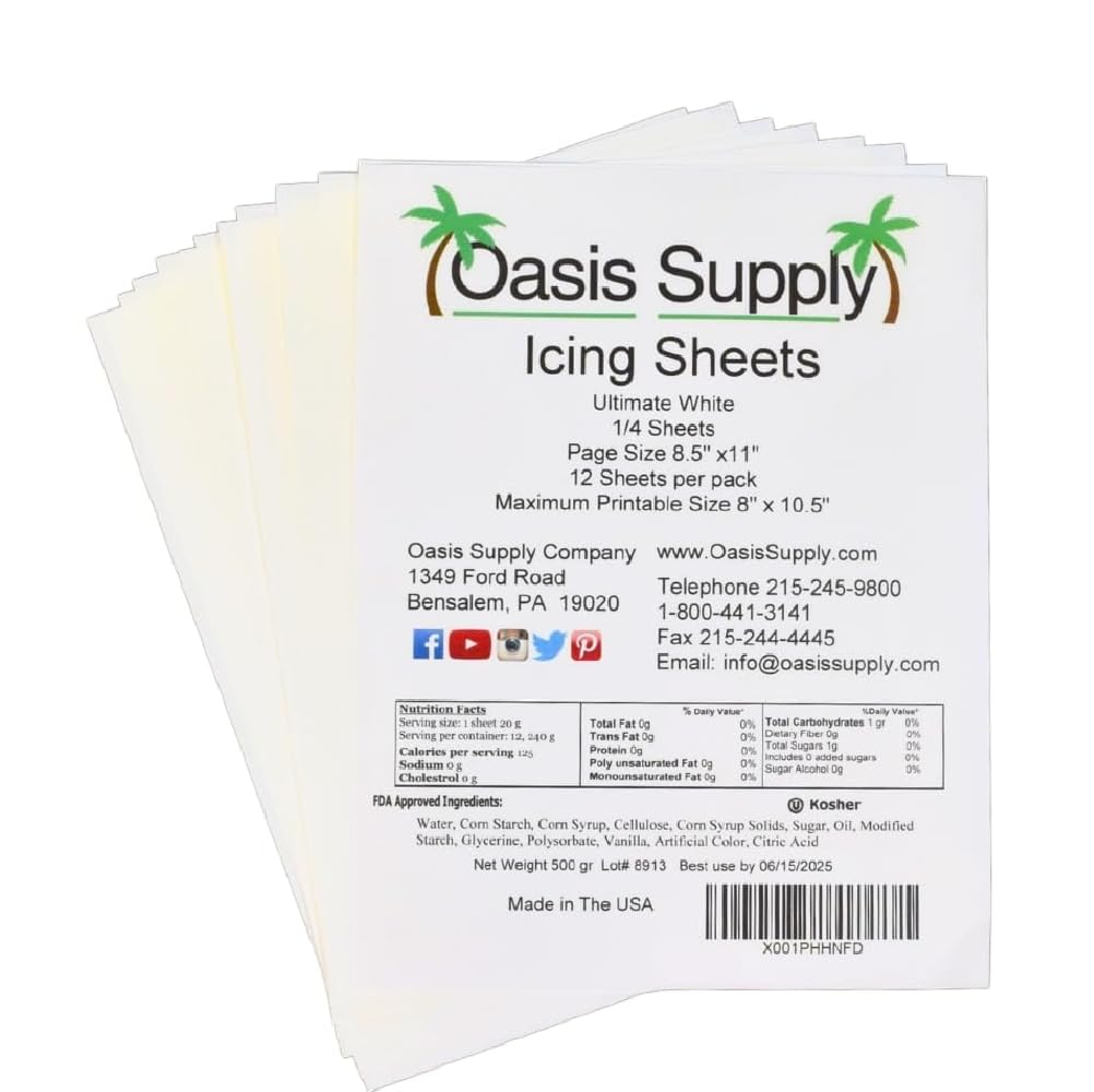 Oasis Supply Ultra Flexible Edible Icing Sheets – 12 Premium Frosting Sheets 8.5 x 11 Printable Edible Paper for Edible Ink Printers, Cake Toppers, Edible Images & Photo Cakes – Bright White Print Surface – Made in USA