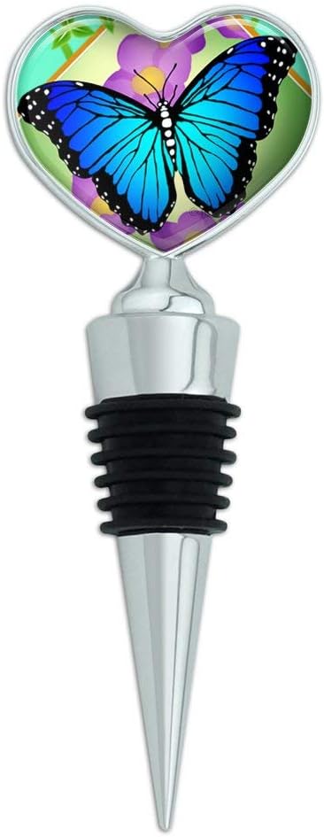 Blue Butterfly Purple Flowers Heart Love Wine Bottle Stopper