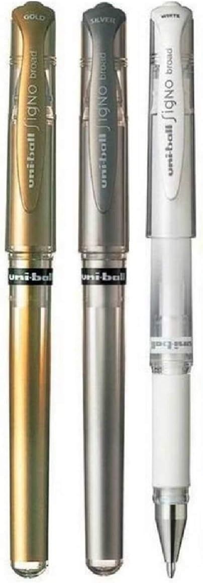Uni Ball Assorted Colour Pack Signo Pen Broad Metallic Gel Ink Rollerball Metal 1mm Tip Nib 0.65mm Line Width With Rubber Grip UM-153 1 Of Each Colour - Gold Silver White - 3 Pens)